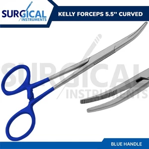 Kelly Hemostat Forceps 5.5" Curved with Blue Handle Surgical Dental German Grade - Picture 1 of 7