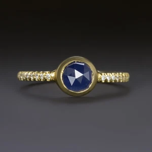RUSTIC SAPPHIRE DIAMOND 18k RING ENGAGEMENT ETERNITY YELLOW GOLD ROSE CUT BLUE - Picture 1 of 3