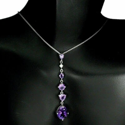 Silver Pendant Amethyst Genuine Natural Gems Solid Sterling With Chain - Image 1 of 4