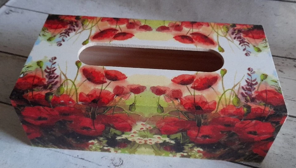 Poppies Rectangular Long Tissue Box Cover Handcrafted wooden decoupaged - Image 1 of 1