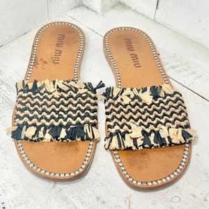 Sandalias sin cordones Miu Miu Rafia adornadas de cristal beige/negro para mujer 39,5 - Imagen 1 de 8