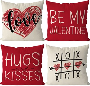 Valentine's Day Pillow Covers 18x18 Set of 4, XOXO Love Hearts Cushion Cases - Picture 1 of 8