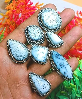 Venta al por mayor Lote de anillos enchapados en plata de ley 925 piedras preciosas ópalo dendrita natural Foto 1 de 2