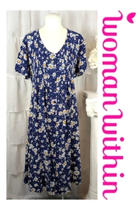 Woman Within Blue White Daisy Floral Short Sleeve Midi Button Up Dress Size 20W - Picture 1 of 9