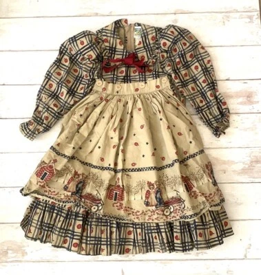 Daisy Kingdom Size 4 Girls Dress A is for Apple Long Sleeve Blue Brown Checker  - Image 1 of 4