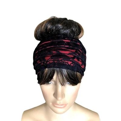 Diadema negra y roja. Envoltura de cabeza ancha. Diadema de encaje. Envoltura de cabello hecha a mano. Foto 1 de 2