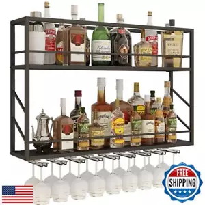 Woskar Wall Mounted Wine Rack, 2-Tier Wall Bar Shelves for Liquor Bottles, Me - Picture 1 of 5
