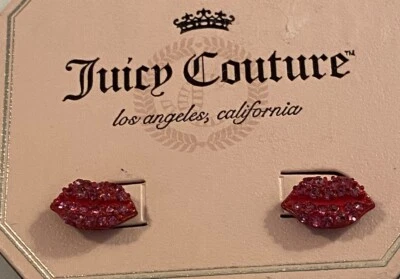 Signed Juicy Couture Red Enamel & Red Rhinestone Painted Lips Pierced Earrings - Image 1 of 4