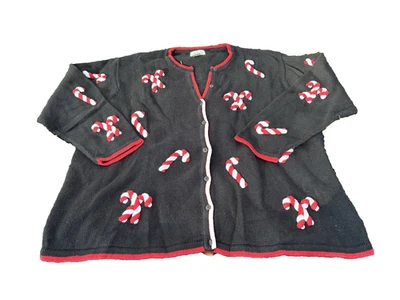 Women’s Christmas Sweater candy canes button down cardigan red & black quaker 3x - Image 1 of 3