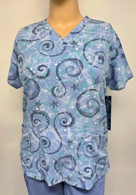 NWT Womens Scrub Top Easy Stretch by UA 2 Pocket  L Large Ceil Stars Polyester - Image 1 of 3