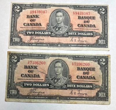 2 x  1937 Bank of Canada $2 Two Dollars, George VI, Coyne Towers, 2 notes - Image 1 of 2