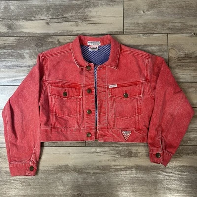 Chaqueta vaquera recortada roja Guess vintage años 80 90 para mujer talla pequeña George Marciano Foto 1 de 4