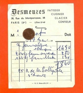 PARIS ( RUE DU MONTPARNASSE ) PATISSERIE DESMEUZES / FACTURE  - Imagen 1 de 1