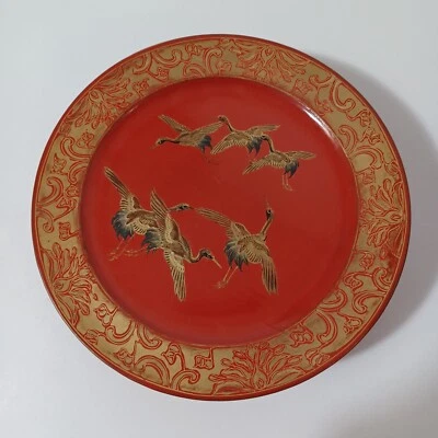 Grúas de oro Meiji Makei en laca roja 7 pulgadas 4 placas Foto 1 de 4