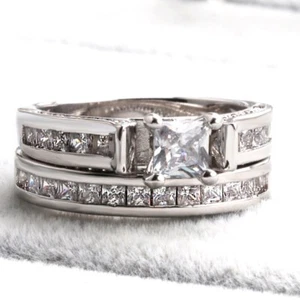 5*5mm Princess CZ Band Rings Female White Gold Filled Wedding Ring Set Size 6-10 - Picture 1 of 7