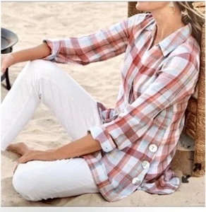 Soft Surroundings Shirt Womens Large Red Plaid Lunita Tunic Top Gauze Button V5 - Picture 1 of 12