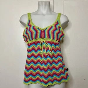 Y2K Green Blue Pink Crochet Cami Tank Top - Picture 1 of 6