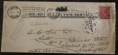 1918 Hobart Tasmania On His Majestys Services OHMS Cover To Washington DC USA - Image 1 of 2