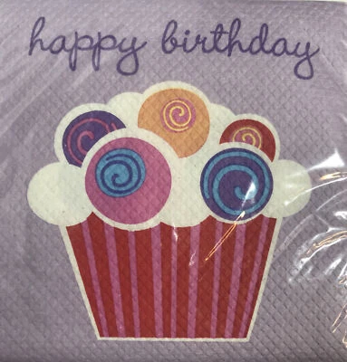 Happy Birthday 32ct Napkins NISP Cupcake Beverage Dessert Lavender Celebrations - Image 1 of 4