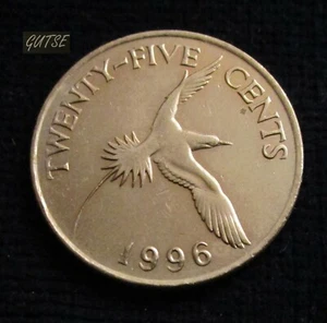 *GUTSE* BERMUDAS ISLAS, 25 CENTS 1996, PAJARO DE COLA BLANCA, SIN CIRCULAR - Imagen 1 de 2