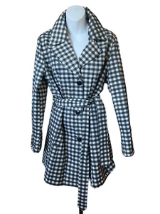 Relativity Black White Gingham Print Overcoat L Button Front Belted Pockets - Picture 1 of 5