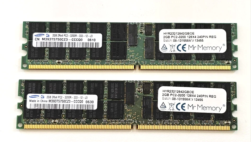 SAMSUNG x2 2GB 2Rx4 PC2-3200R-333-12-J3 M393T5750CZ3-CCCQ0 SERVER MEMORY RAM SET - Image 1 of 1