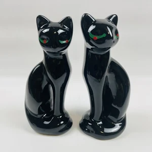 Vintage Pair MCM Artmark Ceramic 2 Black Siamese Cats Green Eyes Read. - Picture 1 of 12