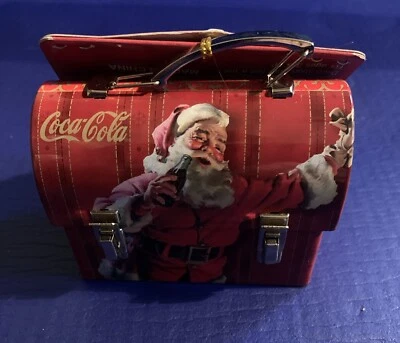 Coca-Cola Mini Lunch Box Hanging Tin Ornament Santa Black Red White NEW - Image 1 of 4