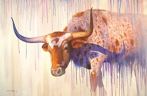 IMPRESIÓN CONTEMPORÁNEA EFECTO ACUARELA WESTERN TEXAS LONGHORN 13X19 DE LEE CASBEER - Imagen 1 de 1