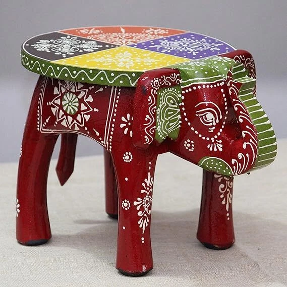 Handcrafted Hand-Painted Colorful Wooden Elephant Stool 22 Centimeters Rose Gold - Image 1 of 1