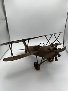 Rolling Old Metal Airplane Toy Antique Brown Heavy USA Wheels&Propeller Turn 13” - Picture 1 of 13