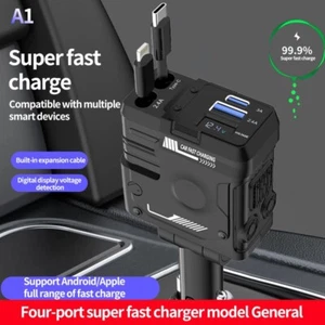 4 IN 1 Retractable Car Charger Cable Dual Port USB C PD Fast Charging Adapter US - Picture 1 of 21