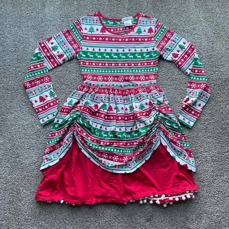 Chasing Fire flies Christmas Dress Girls Large Holiday Red/ Green Cotton Pompoms - Image 1 of 4