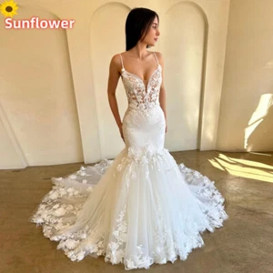 Sexy Vestidos de Novia Sirena Cuello en V Sin Mangas Encaje Apliques Playa Vestidos de Novia - Imagen 1 de 7