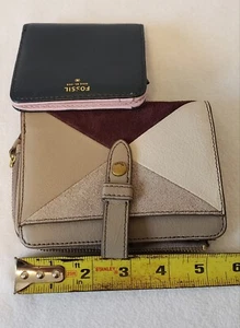 Fossil Leather/Suede Fiona Tab Bifold Wallet Geo Print Champagne/Taupe/Burgundy - Picture 1 of 9