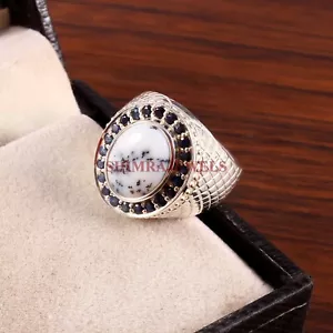 Dendrite Opal & Heated Blue Sapphire Gemstone 925 Sterling Silver Men Ring #12 - Picture 1 of 4