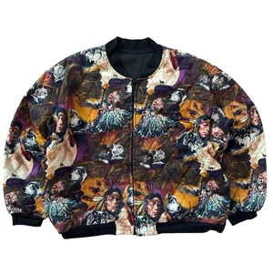Vintage 90s AOP Quilted Bomber Jacket Native Western Wolf Print Zip XL Unisex - Picture 1 of 11