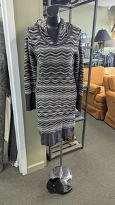 Prana Meryl Sweater Dress Hooded Long Sleeve Gray Chevron Stripe Pullover Medium - Picture 1 of 9