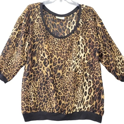 Camisa Bobbie Brooks Talla Grande 1X Mujer Estampado Leopardo Cuello Redondo Transparente Manga 3/4 Foto 1 de 4