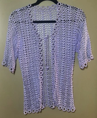 Y2K Vtg Lavender Boho Crochet Lace Knit Cardigan Top Jewels Size S M - Image 1 of 4