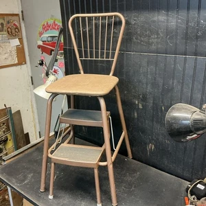 Mid  Century Cosco Retro Style Farmhouse Counter Chair/Step Stool Chrome Tan - Picture 1 of 8
