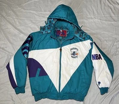 Vintage Charlotte Hornets Pro Player NBA Jacket XL 90s Puffer Teal Purple Coat - Image 1 of 4