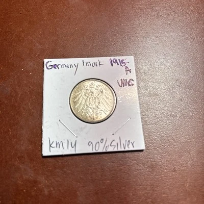 1915 A Германия 1 марка .90 серебро UNC некоторые радужной тонировки эпохи Первой мировой войны Бесплатная доставка - Изображение 1 из 4