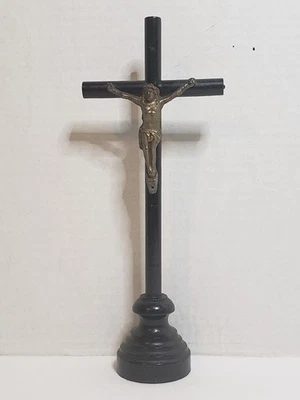 "Antiguo altar de pie crucifijo negro lacado madera pintada metal corpus 10,5""" Foto 1 de 4