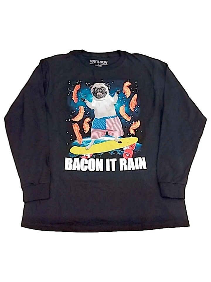 Boys Black Bacon It Rain Tee Shirt Galaxy Pug Puppy Dog Long Sleeve T-Shirt S - Image 1 of 1
