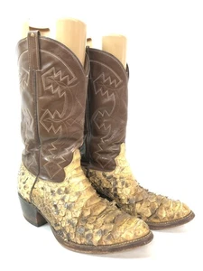 Men's Vintage Work Worn Brown & Beige Leather & Snakeskin Cowboy Boots - Foto 1 di 15