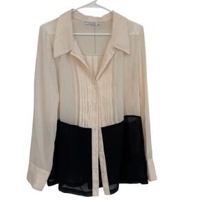 FOND Damen Bluse creme/schwarz Colorblock Button Down Plissee Langarm Gr. L - Bild 1 von 5