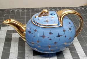 Rare Vintage HALL Periwinkle & Gold Atomic Starburst Teapot Cadet Blue Minty - Bild 1 von 14