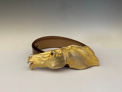 Hebilla de cabeza de caballo dorada 22k Christopher Ross 1985 vintage con cinturón marrón Foto 1 de 4