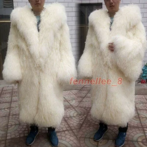 Men 100% Real Mongolia Sheep Fur Coat Lapel Hooded Long Jacket Warm Overcoat Hot - Picture 1 of 16